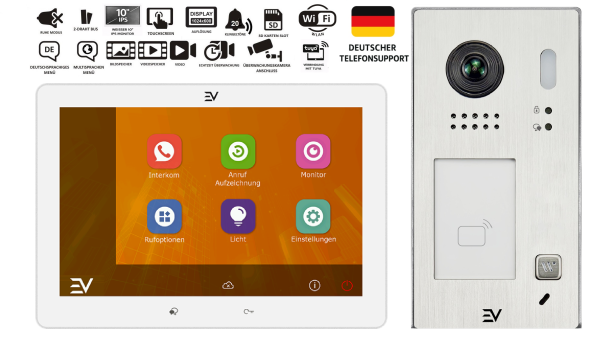 EV Video Türsprechanlage Einfamilienhaus Set mit 10 Zoll Monitor in Weiß und EV622-S1 Aufputz Außenstation